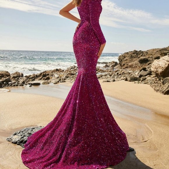 Asymmetrical Neck Sequin Prom Dress pink - Picture 2 of 5